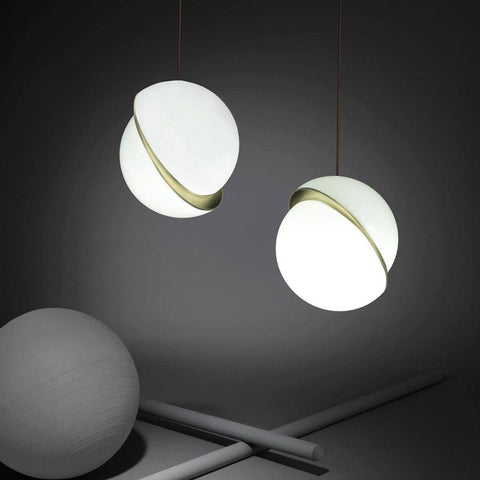 Pendant Light with Acrylic Globe and Curved Brass Crescent Detail