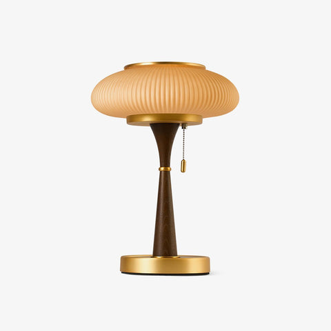 Table Lamp with Ribbed Glass Mushroom Shade and Wooden Stem