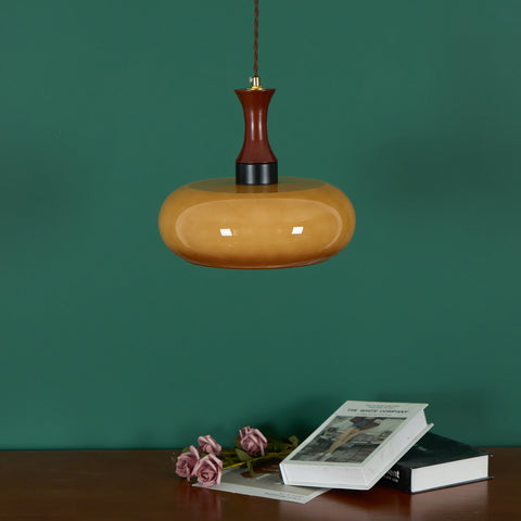 Amber Glass Pendant Light with Wood and Metal Details