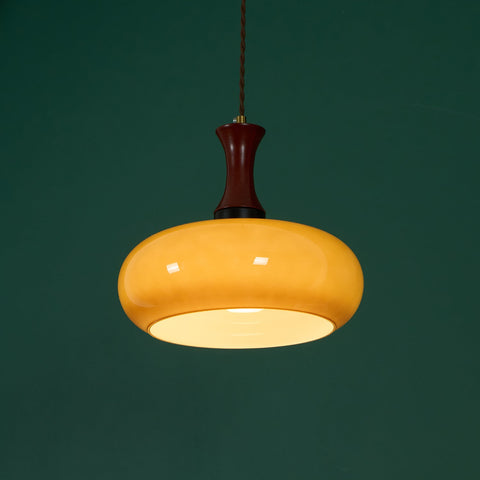 Amber Glass Pendant Light with Wood and Metal Details