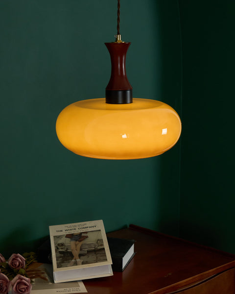 Amber Glass Pendant Light with Wood and Metal Details