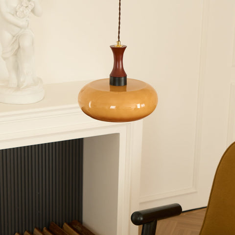 Amber Glass Pendant Light with Wood and Metal Details
