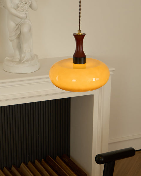 Amber Glass Pendant Light with Wood and Metal Details