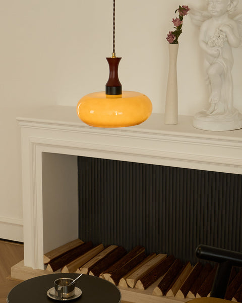 Amber Glass Pendant Light with Wood and Metal Details