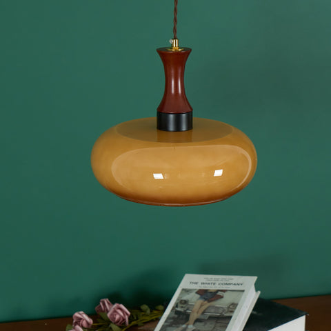 Amber Glass Pendant Light with Wood and Metal Details