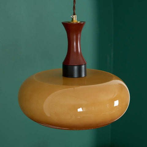 Amber Glass Pendant Light with Wood and Metal Details