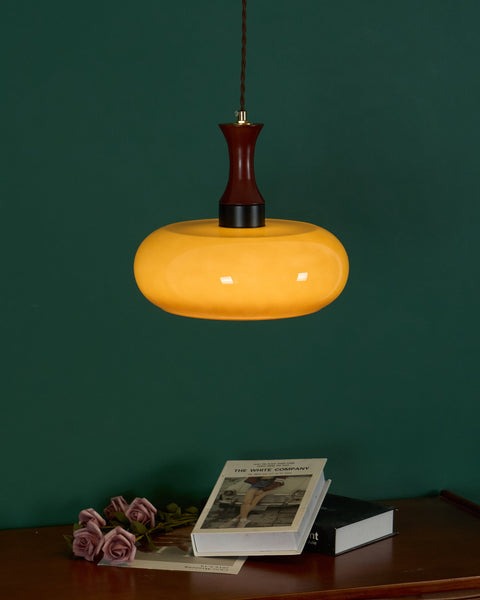 Amber Glass Pendant Light with Wood and Metal Details