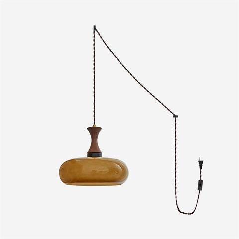 Amber Glass Pendant Light with Wood and Metal Details