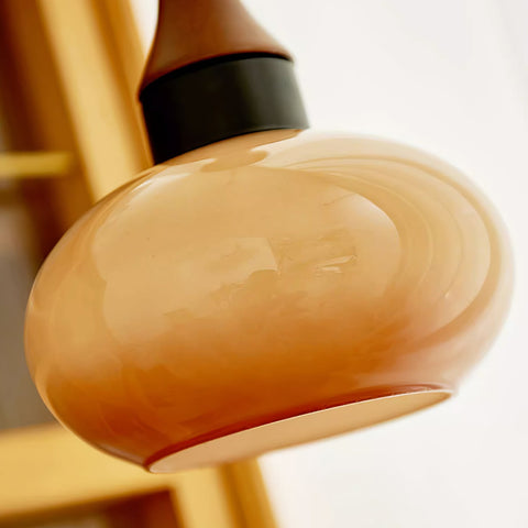 Amber Glass Pendant Light with Wood and Metal Details