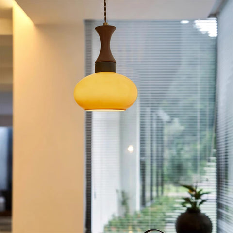 Amber Glass Pendant Light with Wood and Metal Details