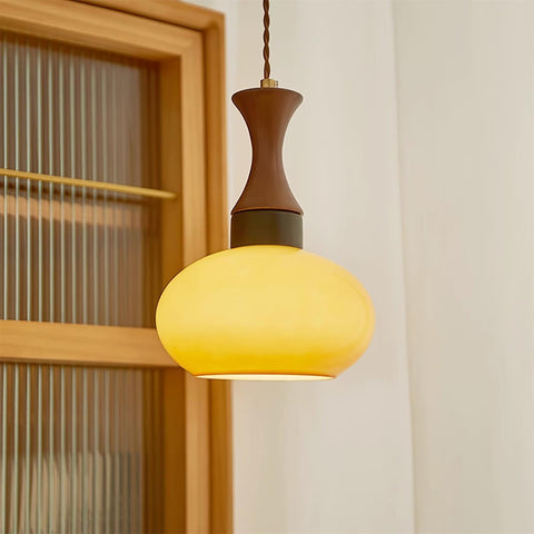 Amber Glass Pendant Light with Wood and Metal Details