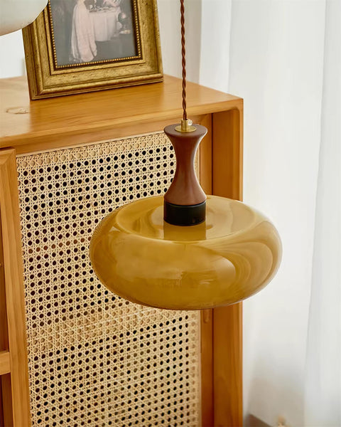 Amber Glass Pendant Light with Wood and Metal Details