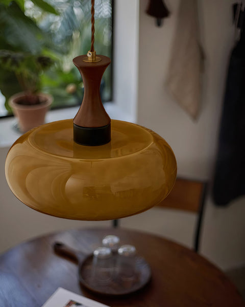 Amber Glass Pendant Light with Wood and Metal Details