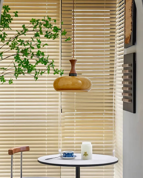 Amber Glass Pendant Light with Wood and Metal Details