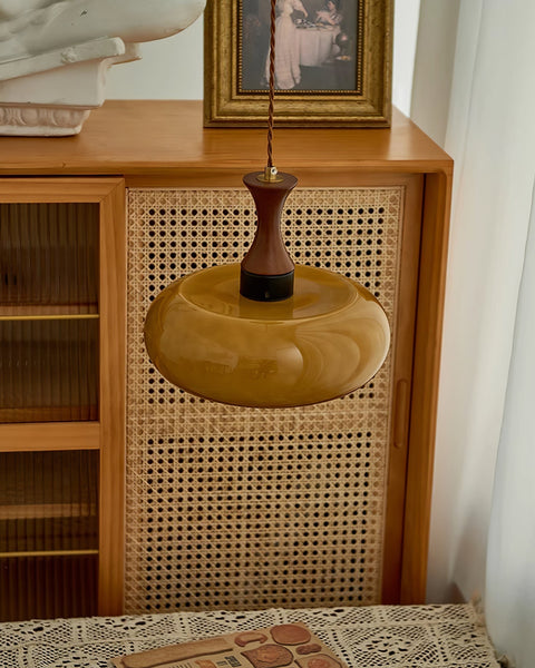 Amber Glass Pendant Light with Wood and Metal Details