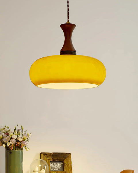 Amber Glass Pendant Light with Wood and Metal Details