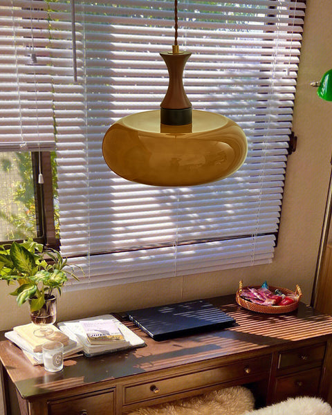 Amber Glass Pendant Light with Wood and Metal Details