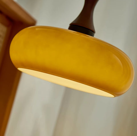 Amber Glass Pendant Light with Wood and Metal Details