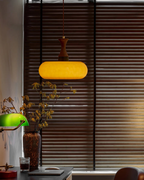 Amber Glass Pendant Light with Wood and Metal Details