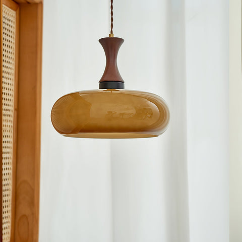 Amber Glass Pendant Light with Wood and Metal Details