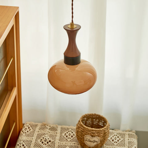 Amber Glass Pendant Light with Wood and Metal Details