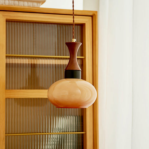 Amber Glass Pendant Light with Wood and Metal Details