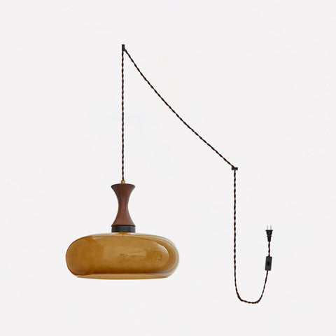 Amber Glass Pendant Light with Wood and Metal Details