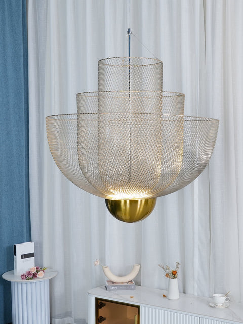 Pendant Light with Tiered Steel Mesh Shade and Integrated LED