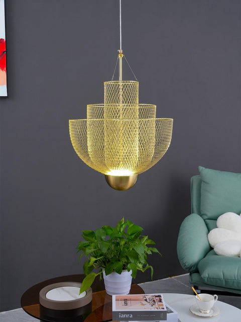 Pendant Light with Tiered Steel Mesh Shade and Integrated LED