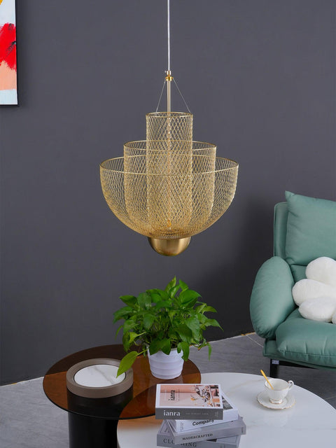 Pendant Light with Tiered Steel Mesh Shade and Integrated LED