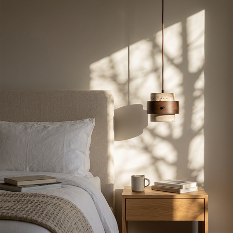 Natural Travertine and Walnut Pendant Light