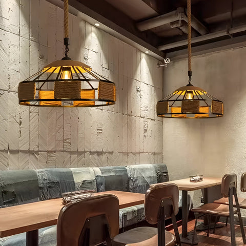 Pendant Light with Hemp Rope and Iron Shade