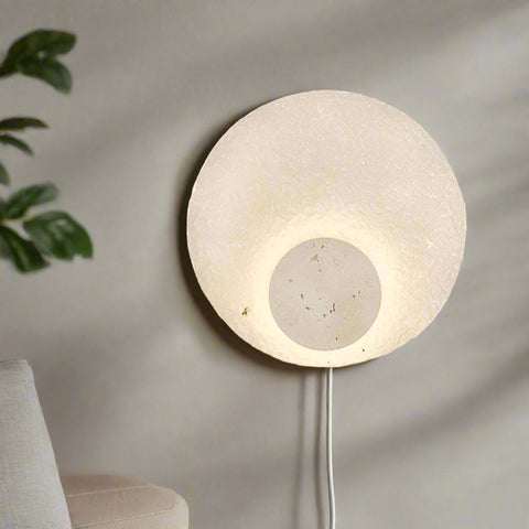 Modern Round Acrylic and Travertine LED Wall Lamp with Warm or Three-Color Lighting