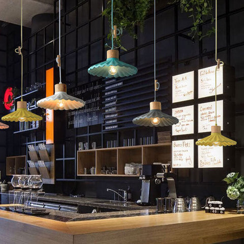 Scalloped Cement Pendant Light with Wood Ceiling Canopy