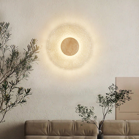 Modern Round Acrylic and Travertine LED Wall Lamp with Warm or Three-Color Lighting