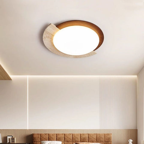 Ceiling Light with Geometric Travertine and Wood-Look Ring