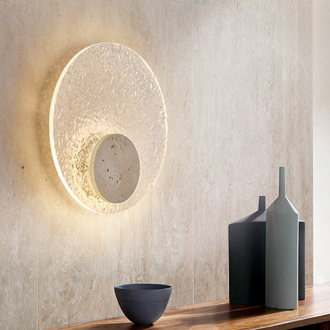 Modern Round Acrylic and Travertine LED Wall Lamp with Warm or Three-Color Lighting