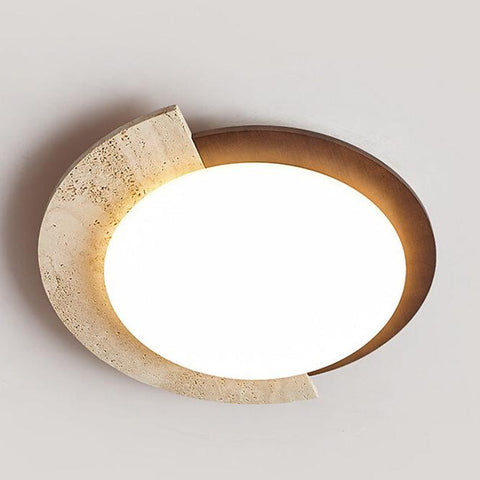 Ceiling Light with Geometric Travertine and Wood-Look Ring