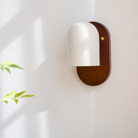 Wall Light with Dome Shade, Wood Backplate, and Brass Accent