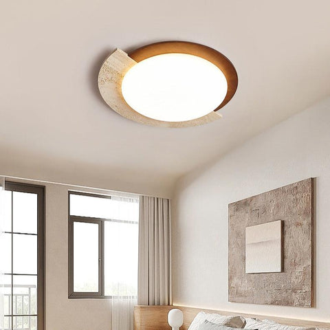 Ceiling Light with Geometric Travertine and Wood-Look Ring