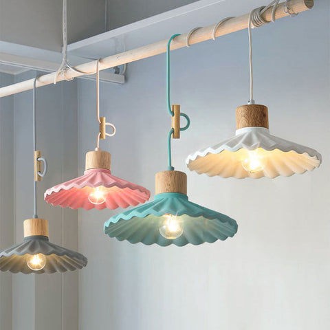 Scalloped Cement Pendant Light with Wood Ceiling Canopy