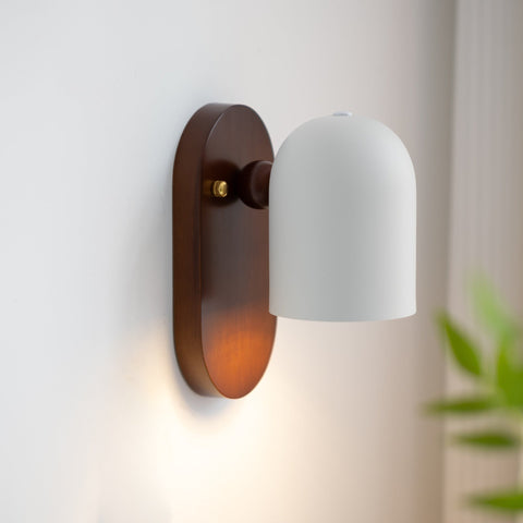 Wall Light with Dome Shade, Wood Backplate, and Brass Accent