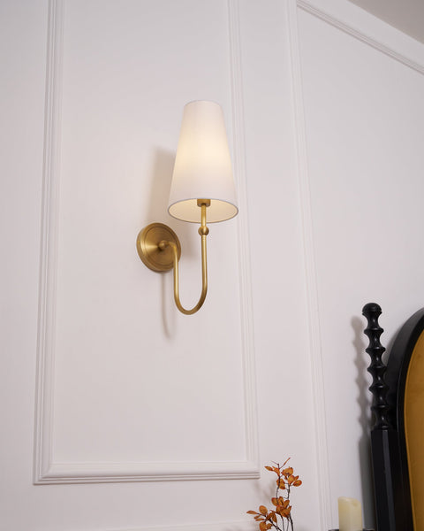 Stirrup Brass Wall Sconce with Tapered Fabric Shade
