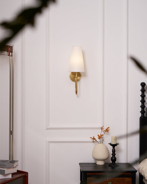 Stirrup Brass Wall Sconce with Tapered Fabric Shade