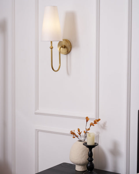 Stirrup Brass Wall Sconce with Tapered Fabric Shade
