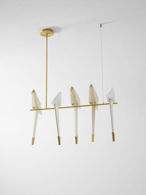 Chandelier with Origami Bird Shades and Branching Metal Frame