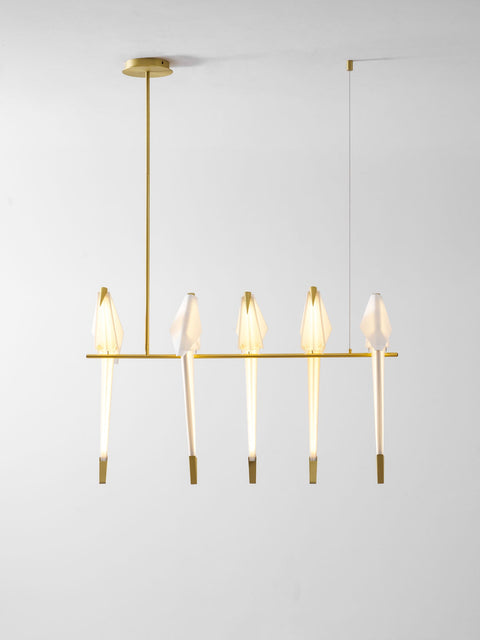 Chandelier with Origami Bird Shades and Branching Metal Frame