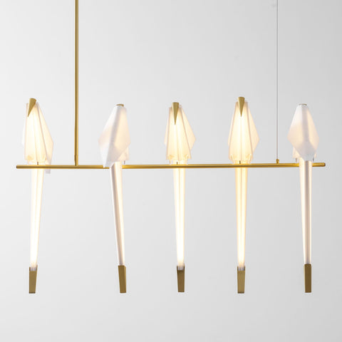 Chandelier with Origami Bird Shades and Branching Metal Frame