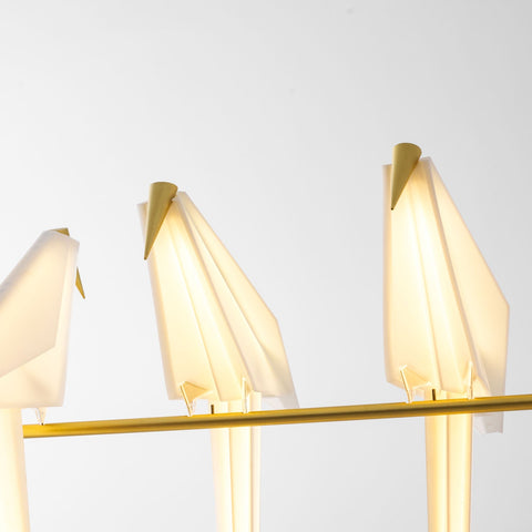 Chandelier with Origami Bird Shades and Branching Metal Frame
