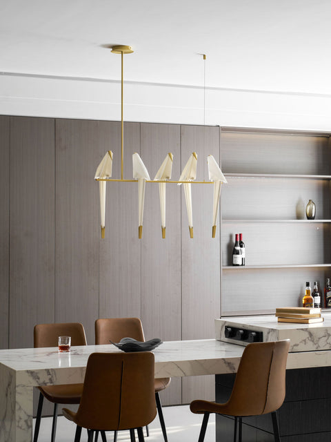 Chandelier with Origami Bird Shades and Branching Metal Frame